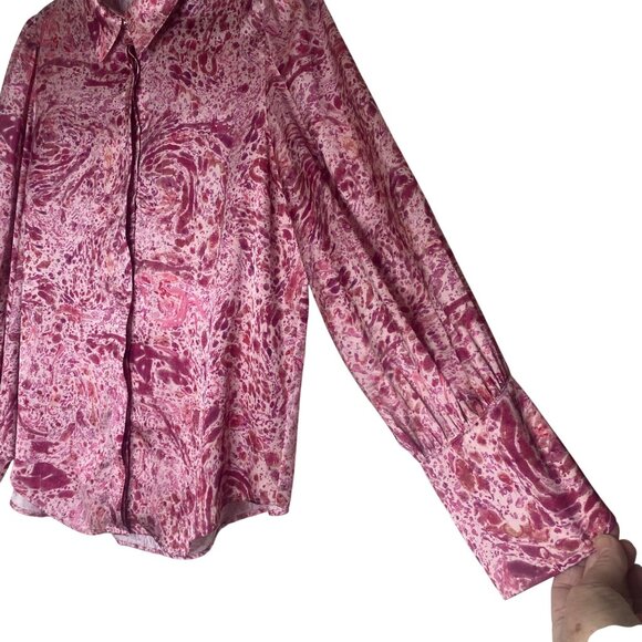 Zara Womens Size L Pink Abstract Print Button-Up Blouse Long Bell Sleeves Lightw - Picture 4 of 10